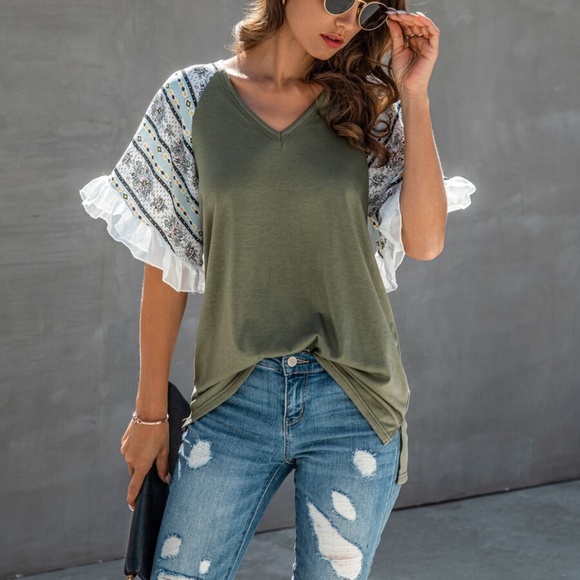 Boho chic ruffle sleeve Print top - white - Picture 7 of 11